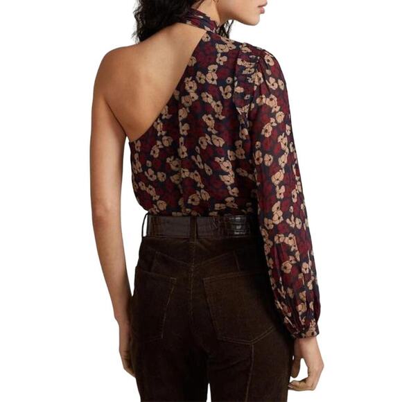 POLO RALPH LAUREN GEORGETTE TIE NECK ONE SHOULDER BLOUSE IN BURGUNDY NWT SIZE 6 - Picture 2 of 16